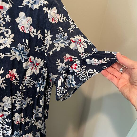 J. Jill Floral Maxi Dress Tiered V-Neck Short Flutter Sleeves Pockets Sz LP Blue - Picture 6 of 13